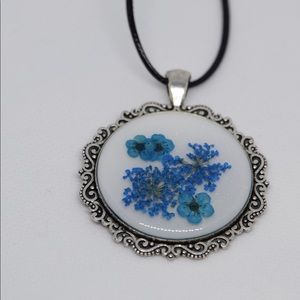 Blue Floral Round Pendant Necklace